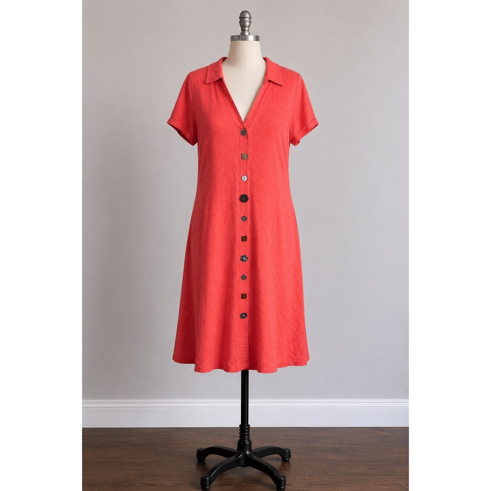 Soft Surroundings Dress Womens S Knit Coral Pink‎ Mixed Button Boho Slub Cotton